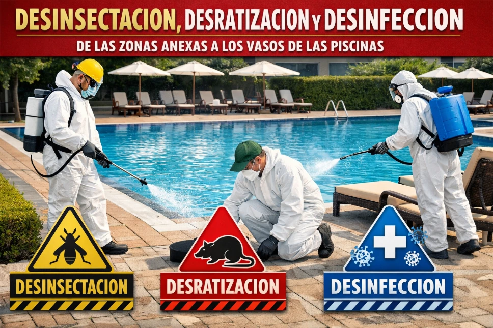 DESINSECTACION, DESRATIZACION Y DESINFECCION de las zonas anexas a los vasos de las piscinas.